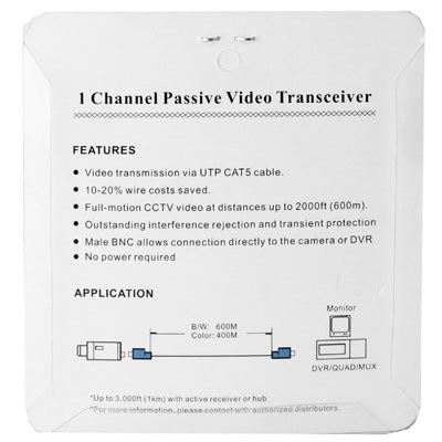 1-channel passive video transceiver product label card with feature list