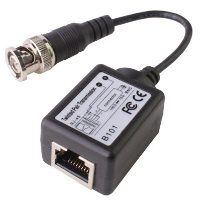Passive balun transceiver with BNC plug cable and RJ45-style Ethernet port