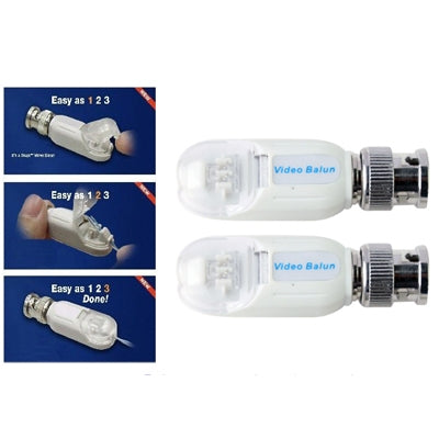 Video balun set with two white units and BNC plug connectors