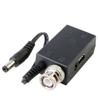 Black UTP video transmitter CM1001T with coax and DC barrel connectors.