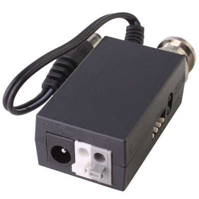Black UTP video transmitter CM1001T showing front ports for coax, power, and signal.