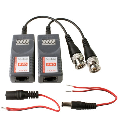 Passive video balun set with two gray units, RJ-45 ports, and BNC cables