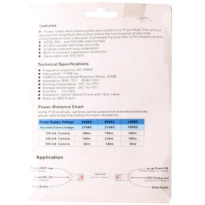 Back of passive video balun kit packaging with wiring diagram and specifications