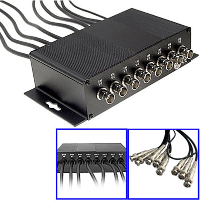 Black 8-channel coaxial surge arrester showing BNC port row and attached coax leads