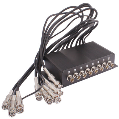 Black coaxial surge arrester unit with 8 BNC outputs and attached coax leads