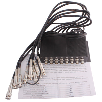 Coaxial surge arrester with black housing and attached BNC cable leads, label visible