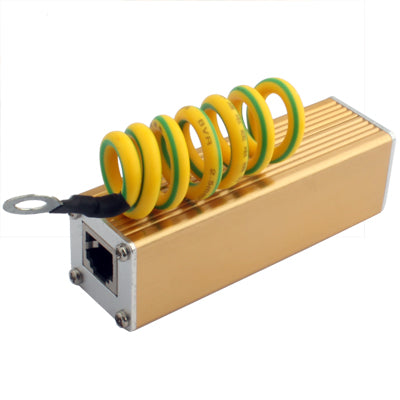 Telecom surge protector arrester with coiled yellow-green wiring and RJ port
