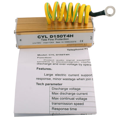 Telecom surge protector arrester with coiled leads and printed front specifications