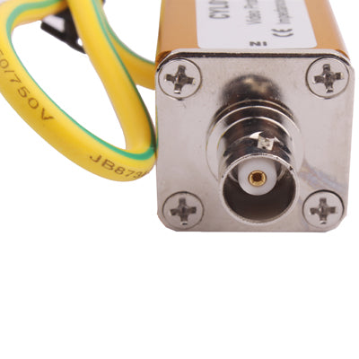 Coaxial cable surge protector front panel with BNC input port and mounting screws