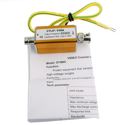 Coaxial cable surge protector arrester with label, wire bundle, and BNC ends