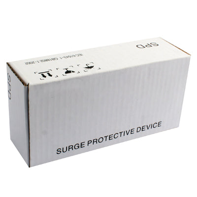 Surge protective device shipping box with warning icons and brand label