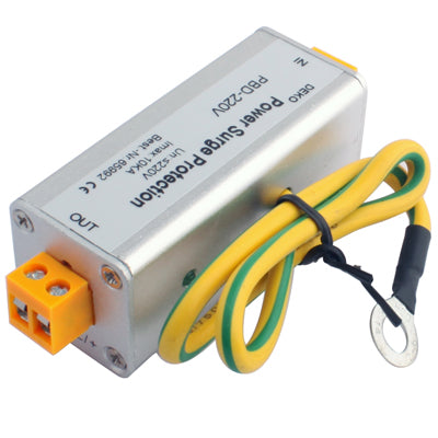 Gray surge arrester module with orange screw terminal and yellow/green wire leads