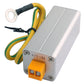 Surge arrester with ring-ended black/green/yellow wires and orange input block