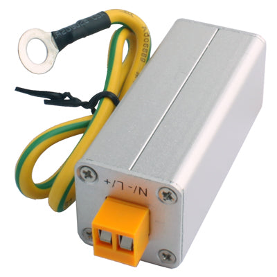 Surge arrester with ring-ended black/green/yellow wires and orange input block