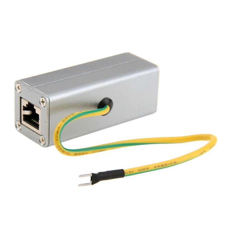 Ethernet surge protector arrester with RJ45 port and yellow/green cable leads