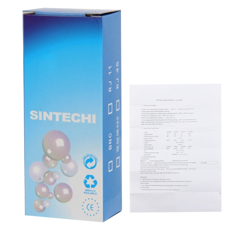 SINTECHI surge protector product box with documentation and cables shown