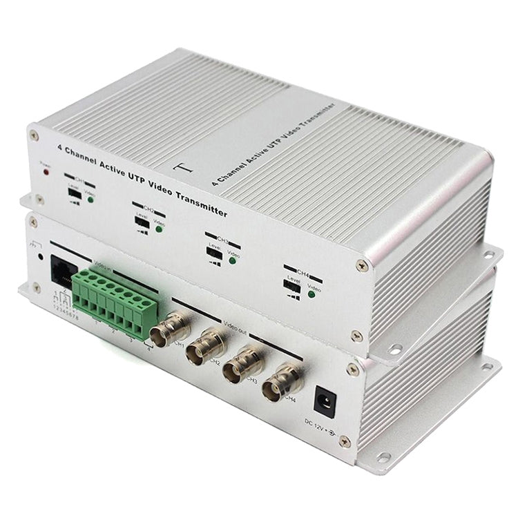 4-channel active UTP video transmitter with front panel ports and indicator LEDs