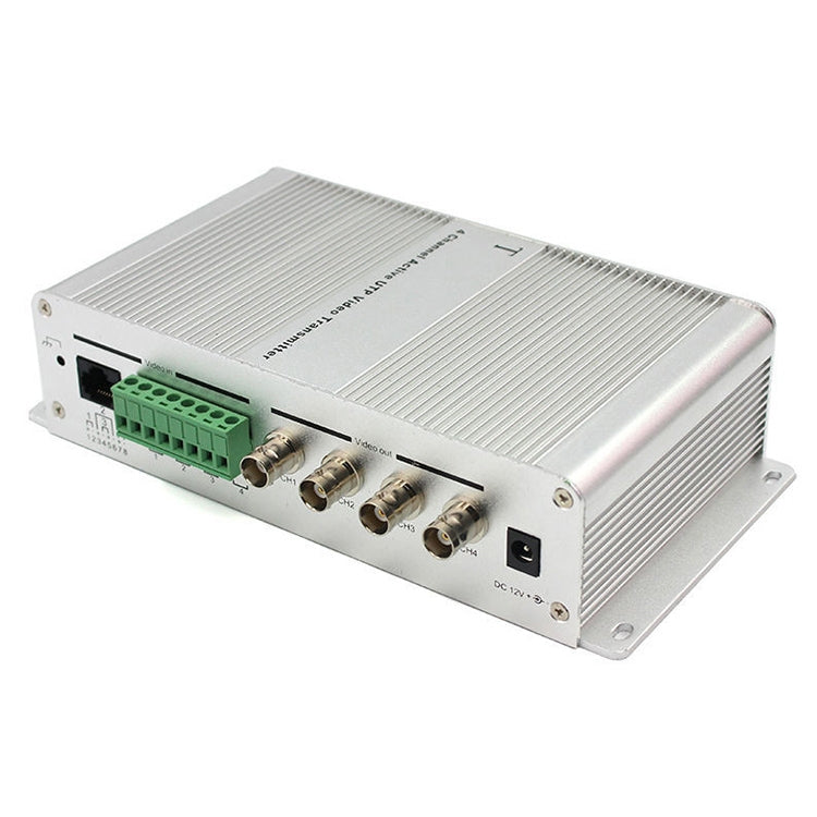 4-channel active UTP video transmitter side view with RJ45 and BNC-style ports