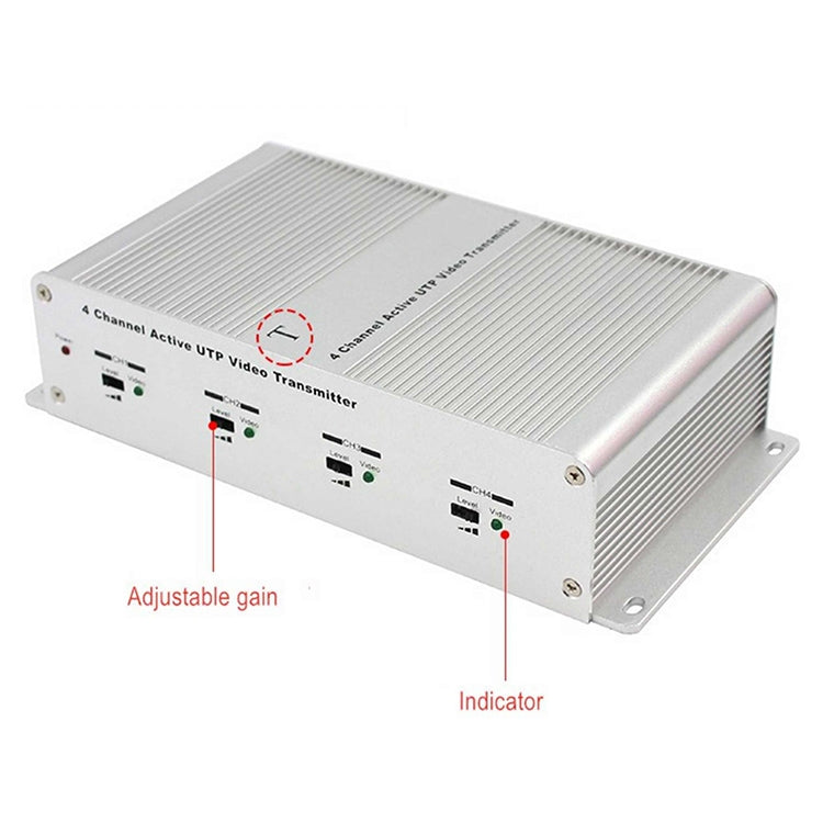 4-channel active UTP video transmitter showing adjustable gain dial and status indicator