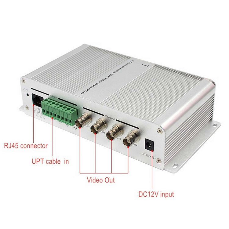4-channel active UTP video transmitter with labeled RJ45, video out, and DC12V input