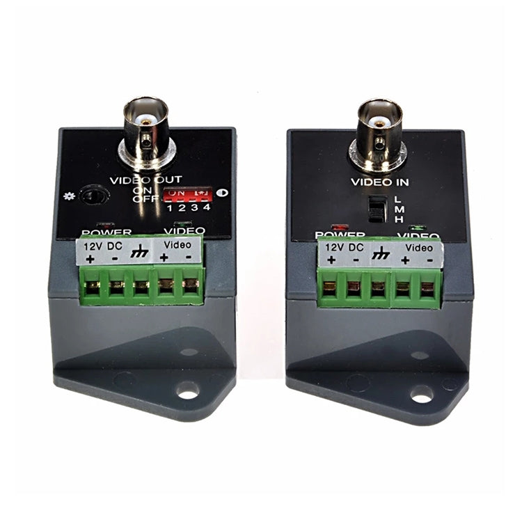 Active CCTV video balun transmitter module with green terminal block and BNC connector