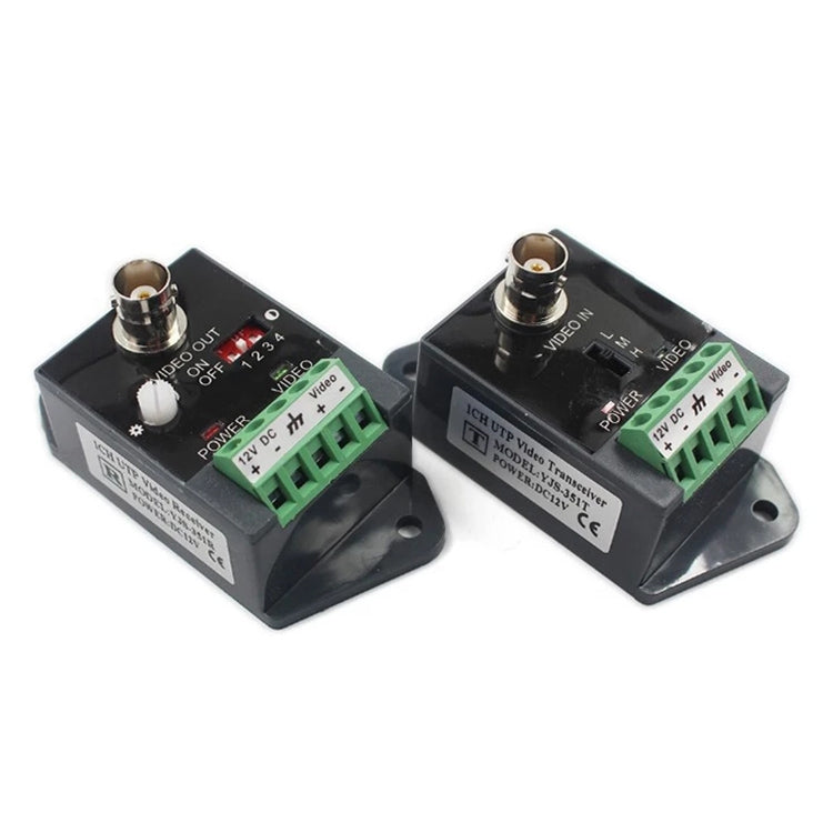 Pair of active CCTV video balun modules with BNC ports and green screw terminal blocks