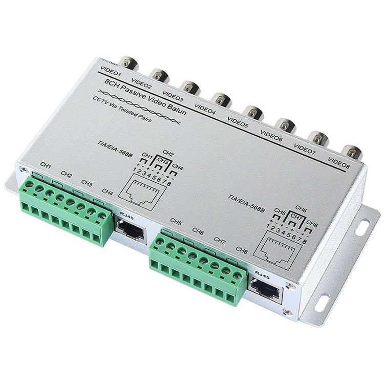 8-channel passive video balun with green terminal block and six coax video ports