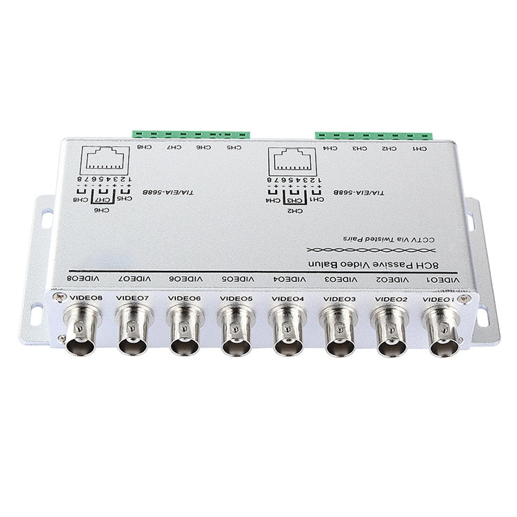 Passive video balun module with eight BNC-style coax ports and mounting holes