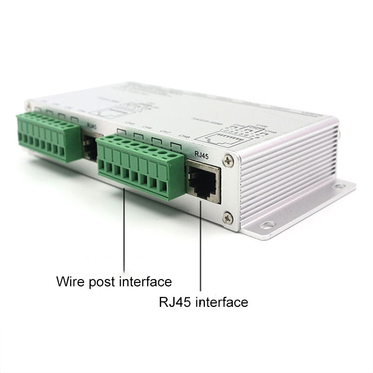 Passive video balun side view with dual green terminal blocks and RJ45 interface
