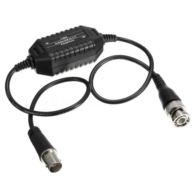 Black coaxial video ground loop isolator with two BNC-style connectors and cables