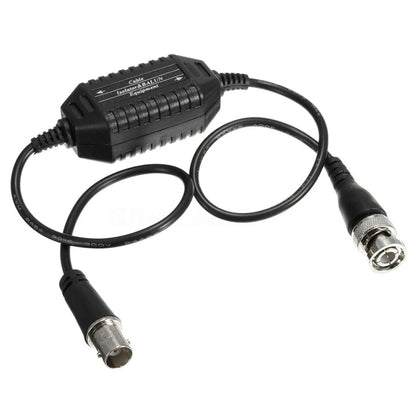 Black coaxial video ground loop isolator with two BNC-style connectors and cables