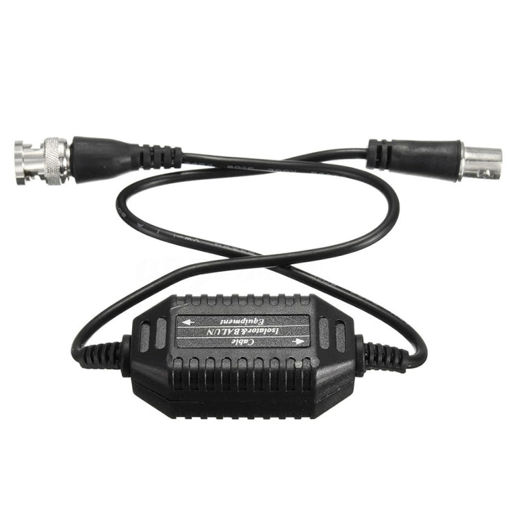 Coaxial video isolator adapter with two BNC-style plugs, inline control box, and cable