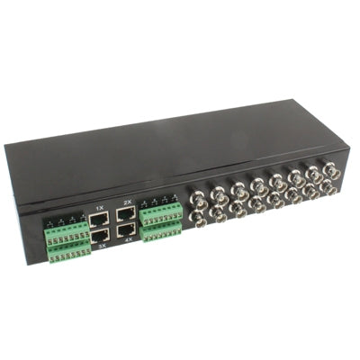 Passive rack-mount video transceiver with multiple BNC-style output ports and green terminals