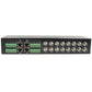 Rack video transceiver front: green terminal blocks, RJ45 jacks, and multiple BNC-style ports