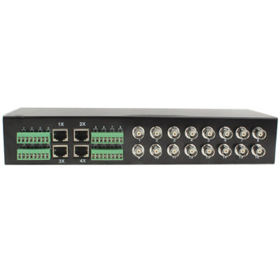 Rack video transceiver front: green terminal blocks, RJ45 jacks, and multiple BNC-style ports