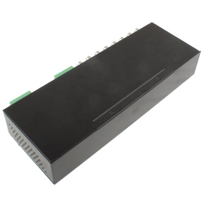 Rack-mount video transceiver shown from the side with port strip along the edge