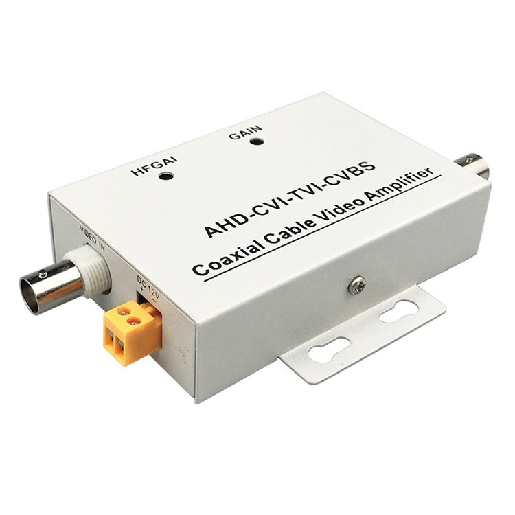 Coaxial cable video amplifier with coax ports and orange power terminal, metal enclosure