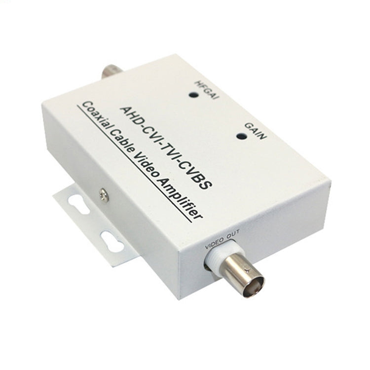 Coaxial cable video amplifier with two coax connections, metal housing and mounting bracket