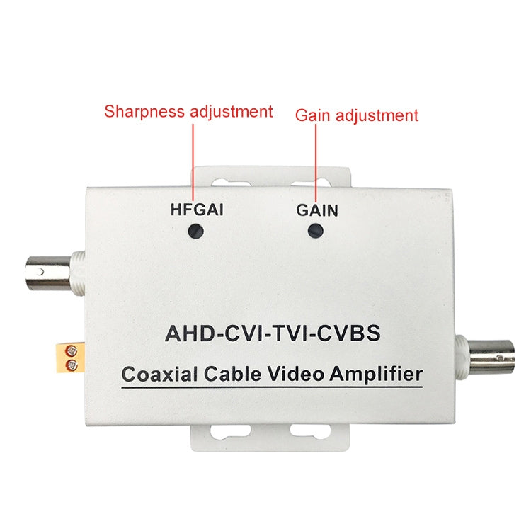 Coaxial cable video amplifier front panel with gain and sharpness adjustment knobs