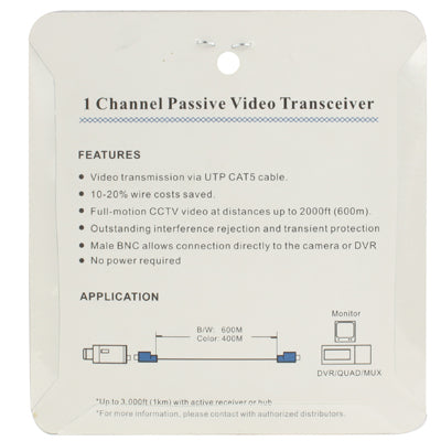Retail box insert for 1-channel passive video transceiver with features and diagram