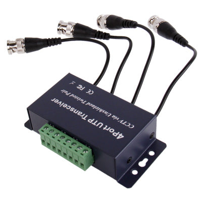 4-port passive balun transceiver with four BNC leads and green terminal block