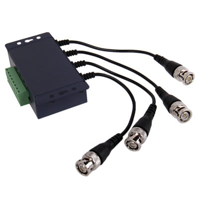 4-port passive balun transceiver with green terminal block and four BNC outputs