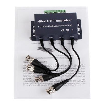 4-port passive balun transceiver with four BNC cables and green terminal block