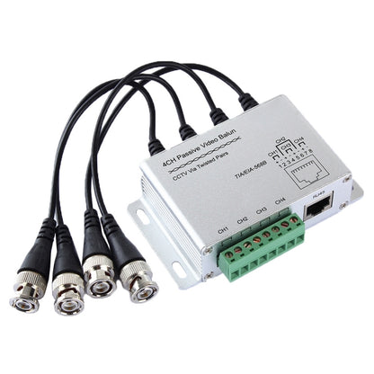 4-channel passive video balun with four BNC leads and green terminal block, silver metal case