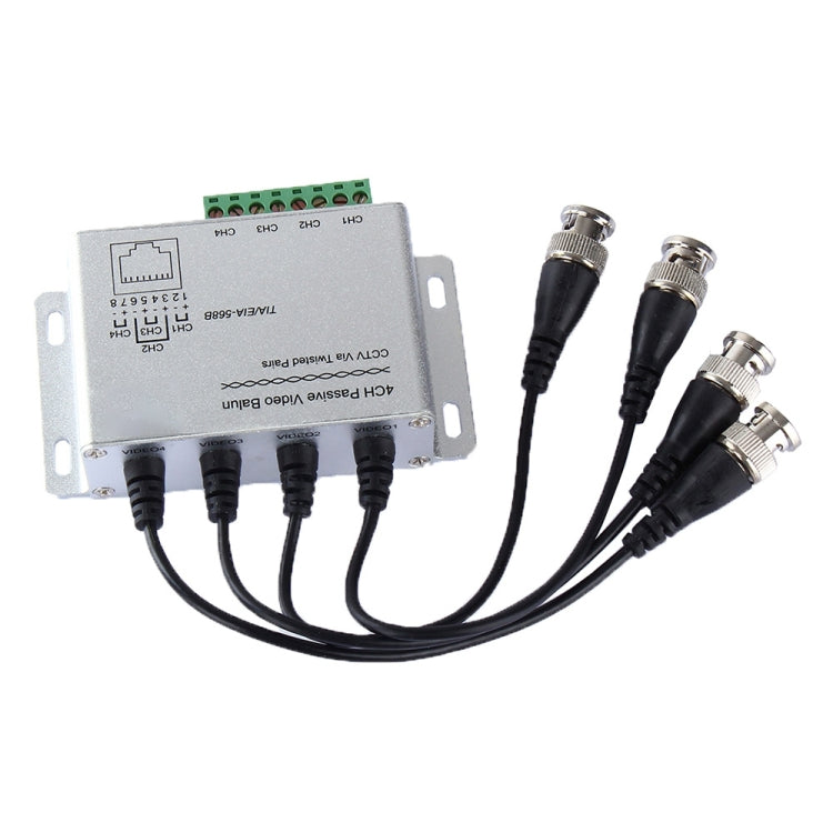 4-channel passive video balun with green terminal block and four BNC connectors, silver metal