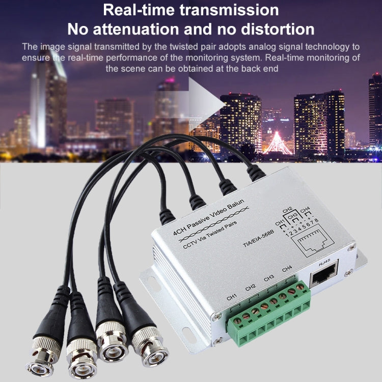 Passive video balun module with four BNC connectors and green terminal block, silver enclosure