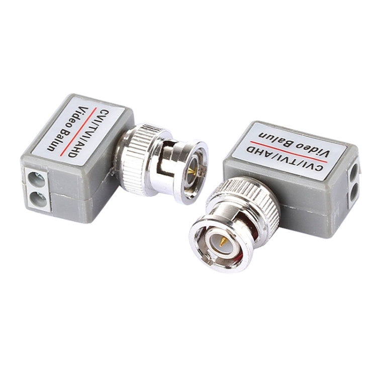 Set of two silver passive video balun adapters with BNC coax connectors and terminal blocks