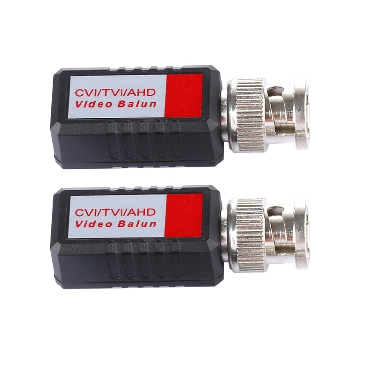 Two black CVI/TVI/AHD video baluns with red label displays and BNC connectors