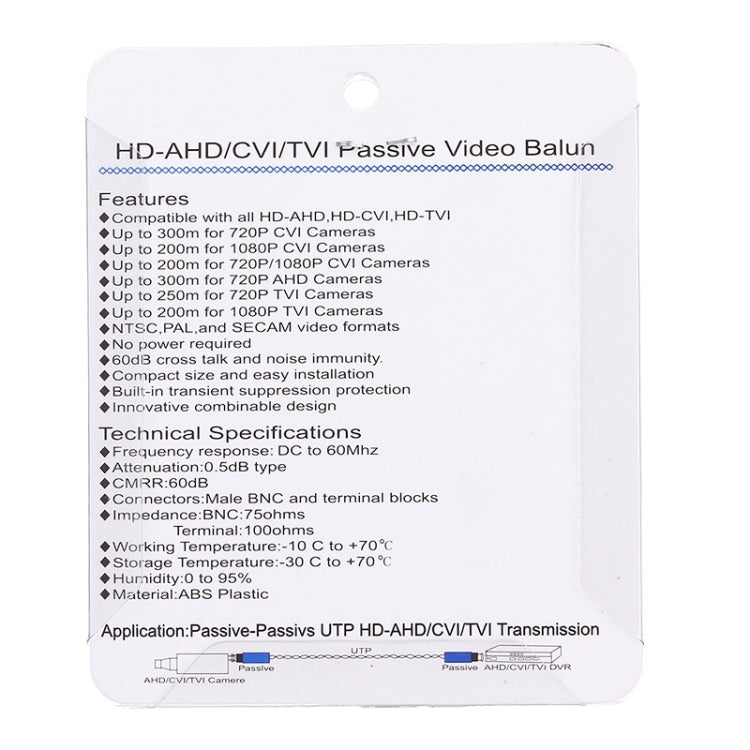 Back of packaging showing HD-AHD/CVI/TVI passive video balun specifications