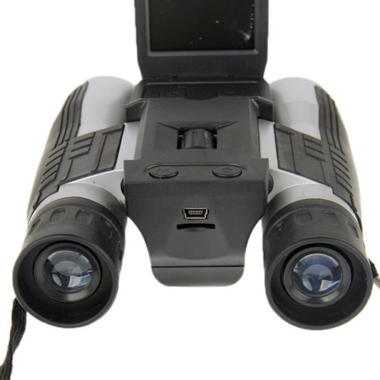 Front view of black digital telescope binoculars with LCD display and two objective lenses